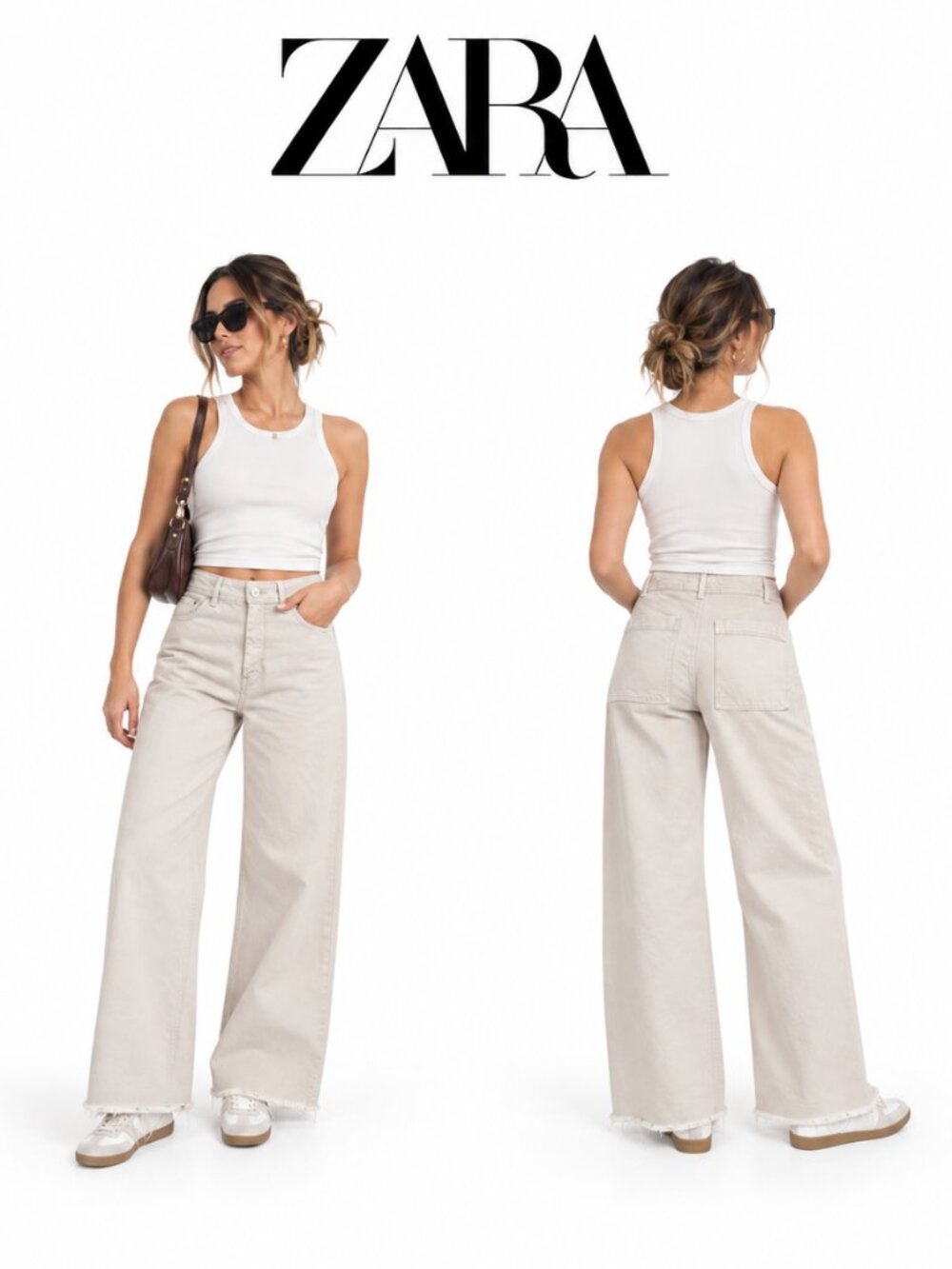 Zara The Marine Straight High Rise Wide Leg Pants Sand Beige Size 6 Raw Hem